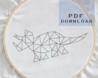 Triceratops Dinosaur Embroidery Pattern, Geometric dino embroidery template jpeg pdf download, ideal beginners embroidery line drawing, cute
