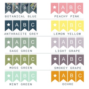 Puede incluir: Un conjunto de diez banderas de pancarta de alfabeto imprimibles en varios colores, incluyendo azul bot&aacute;nico, rosa melocot&oacute;n, gris antracita, amarillo lim&oacute;n, verde salvia, uva clara, verde musgo, uva ahumada, verde menta y ocre. Cada bandera presenta una estrella blanca y las letras A, B y C.