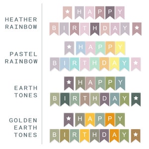 Op de afbeelding: Vier verschillende kleurenpaletten van printbare verjaardagsbanners. De vlaggen tonen "Happy Birthday" met een ster aan elk uiteinde. De kleurenpaletten zijn Heather Rainbow, Pastel Rainbow, Earth Tones en Golden Earth Tones.