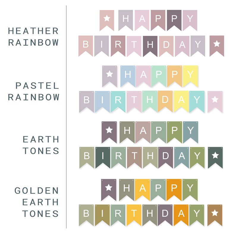 Op de afbeelding: Vier verschillende kleurenpaletten van printbare verjaardagsbanners. De vlaggen tonen "Happy Birthday" met een ster aan elk uiteinde. De kleurenpaletten zijn Heather Rainbow, Pastel Rainbow, Earth Tones en Golden Earth Tones.
