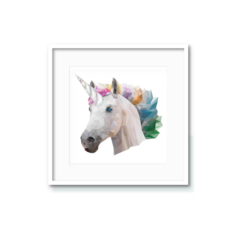 Rainbow Unicorn Print, Geometric Illustration, Fantasy Unicorn Wall Art