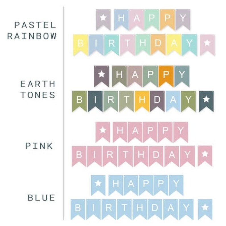 Puede incluir: Cuatro variaciones de color diferentes de una pancarta de Feliz Cumplea&ntilde;os. La pancarta est&aacute; hecha de papel y tiene un dise&ntilde;o simple con letras blancas y una estrella en cada extremo. Los colores son arco&iacute;ris pastel, tonos tierra, rosa y azul.