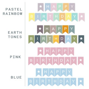 Op de afbeelding: Vier verschillende kleurvariaties van een Happy Birthday banner. De banner is gemaakt van vlaggetjes met de woorden "Happy Birthday" en een ster aan elk uiteinde. De kleuren zijn pastel regenboog, aardetinten, roze en blauw.