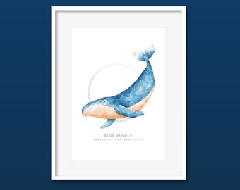 Impresión geométrica de ballena azul: arte mural de vida marina