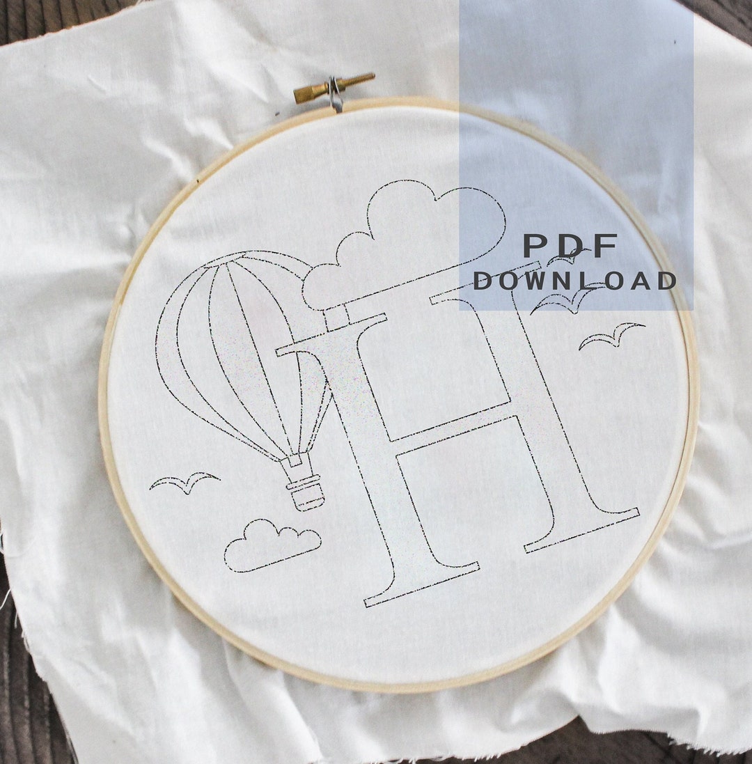 Initial 'H' Embroidery Pattern, Hot Air Balloon Letter H Embroidery