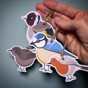Puede incluir: Cuatro adornos de papel con forma de pájaro en varios colores, incluyendo marrón, azul y naranja, con lazos de cuerda para colgar. Los adornos se sostienen en una mano sobre un fondo turquesa.