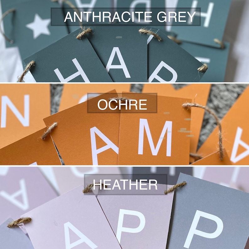 Puede incluir: Un banner con la palabra "HAPPY" escrita en letras blancas sobre banderas de papel de diferentes colores. Las banderas son de color gris antracita, ocre y brezo.