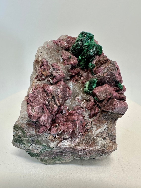 Pink cobalto calcite with malachite