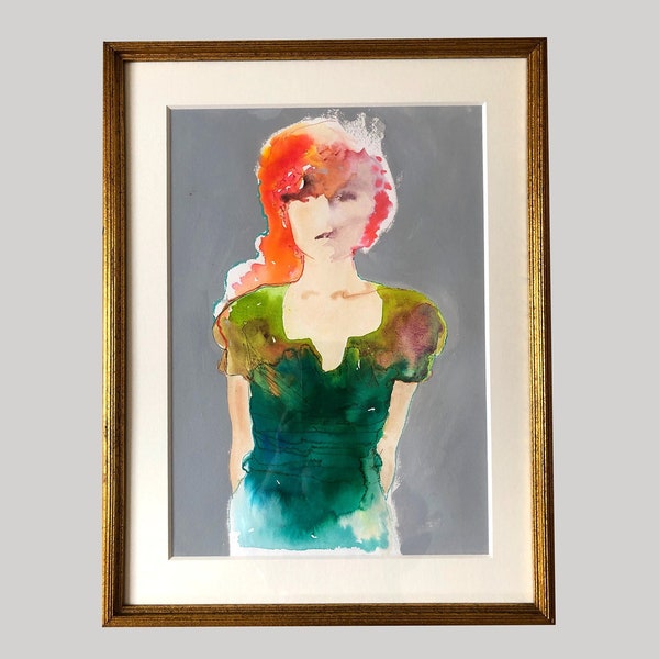 Original Fashion Watercolour Painting in Gold Coloured Vintage Frame