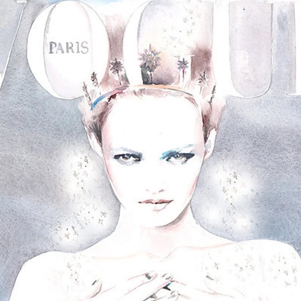Original Painting, Fashion illustration Watercolour, Paris Vogue Cover Wall Art Vanessa Paradis Portrait Painting