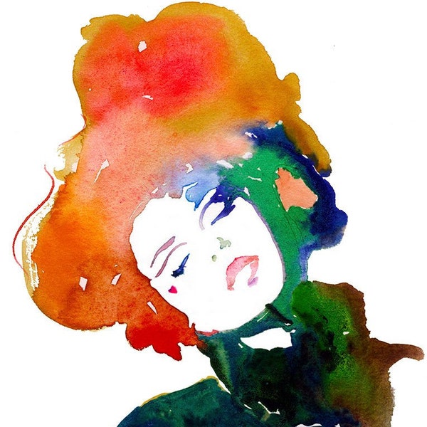 Fashion illustration watercolour print red hair girl