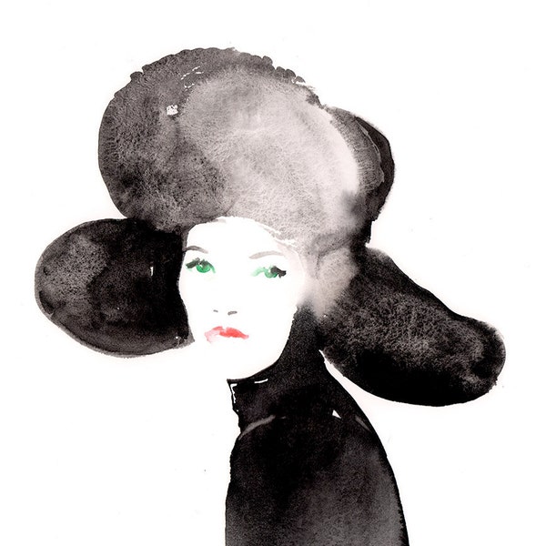 Original Watercolour, Fashion Portrait Painting, Kate in a winter hat.