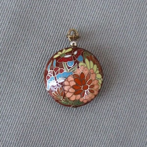 Pendant Cloisonné brown blue green red vintage enamel brass enameled flowers blossoms butterfly medallion jewelry