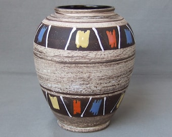 Vase Keramik braun rot blau gelb Mid Century Vintage