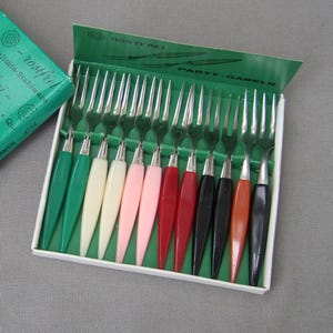 Mid Century Party Forks in a Box Party Forks Cocktail Forks Serving Forks Bowl Forks Vintage Small Fork