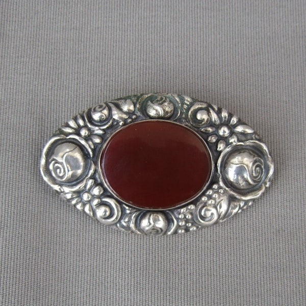 Große Brosche Silber Karneol oval Rosen 800 Jugendstil antik Vintage