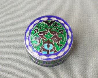 Small tin enamel blue green pill box enamelled elephant vintage lidded tin metal