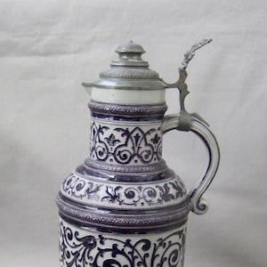 Jug with tin lid antique vintage stoneware ceramic grey black blue patterned jug with handle wine jug