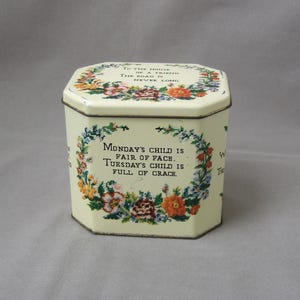 Plåtask "Måndagens barn är vackert i ansiktet" broderad beige färgglada blommor vintage åttkantig födelsedag vardagar House of a friend