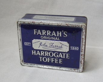 Boîte de conserve Harrogate Toffee Farrah’s Original Vintage bleu argent John Farrah