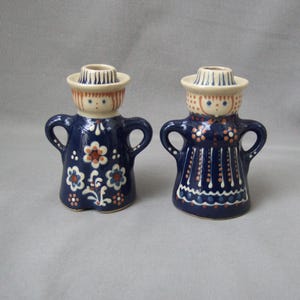 Bunzlau keramiska ljusstakar, par för män och kvinnor, vintagestil, blå och vit lantlig stil.