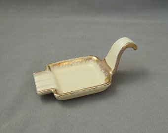 Ashtray Mid Century Ceramic beige gold Vintage with handle 110