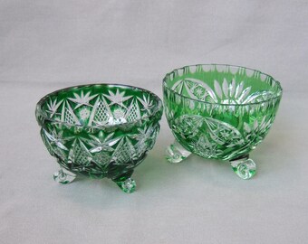 Schüssel Schale Glas grün Kristallglas geschliffen Mid Century Klarglas farblos 3 Füße Vintage Cut to clear Schälchen
