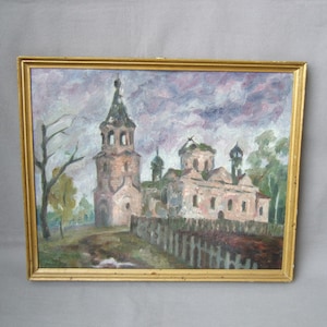 Oil painting church village church Russian village vintage painting oil paint