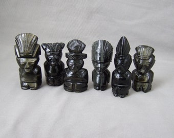 Obsidiaan Figuur Mexico Warrior God Stone Figure Zwart Azteekse Vintage Aandenken Souvenir Zonnegod
