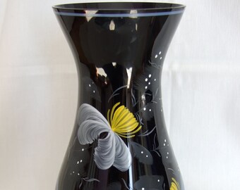 Große Vase aus Hyalith Hyalit Schwarzglas Lavaglas Vintage Rockabilly Mid Century Bodenvase Glas schwarz