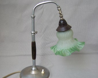 Lampe de table antique Lampe de table chromée réglable avec abat-jour en verre vert argent vintage