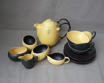 Gräflich Ortenburg Teekanne Teeservice Teetassen gelb schwarz Keramik Mid Century Vintage