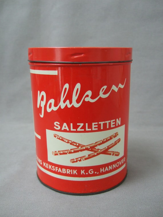 Tin Can Bahlsen Salt Sticks Red and White Vintage Biscuit Factory
