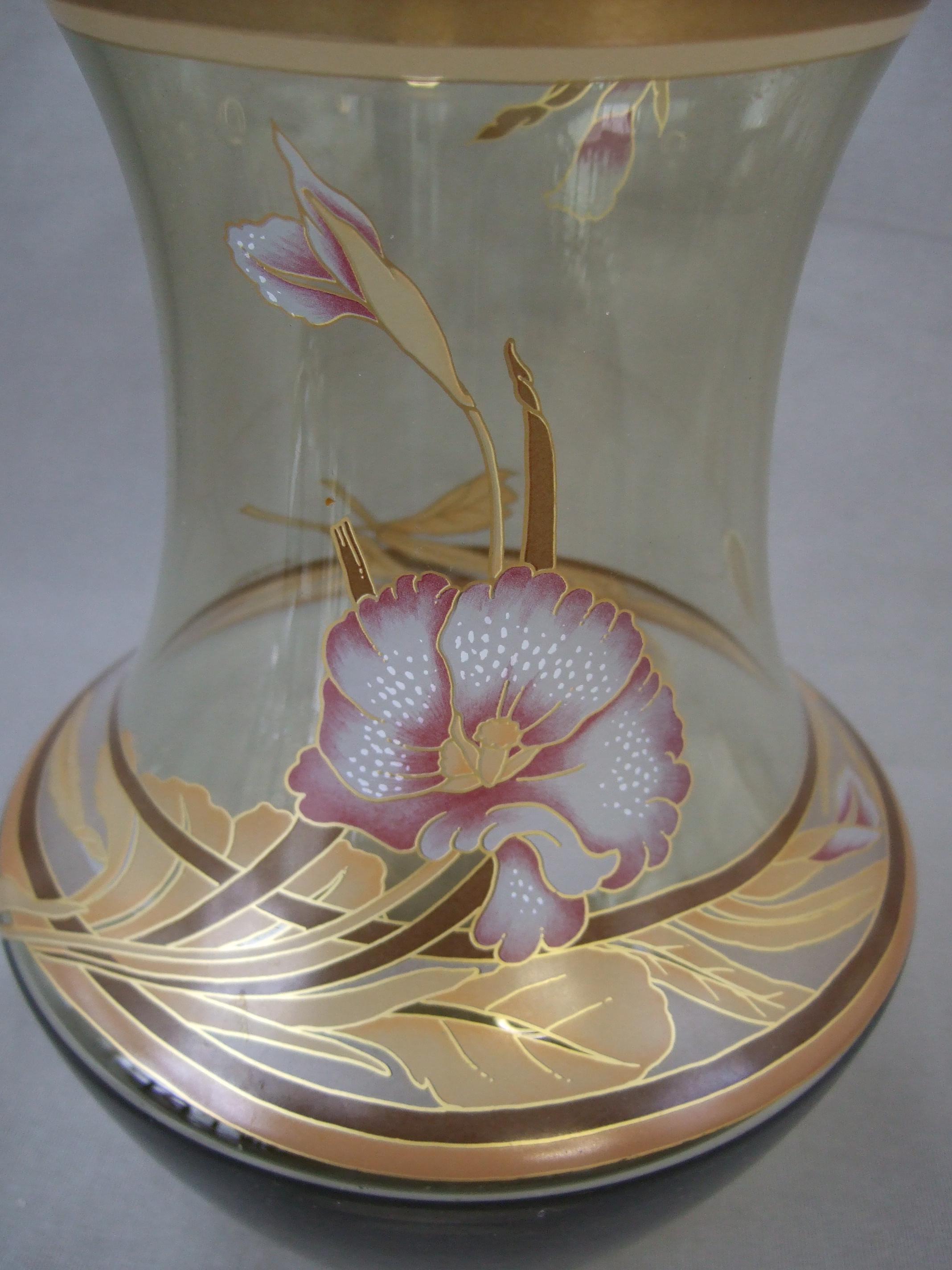Hutschenreuther 花瓶 ガラス レナード イエローゴールド 花 ピンク 紫
