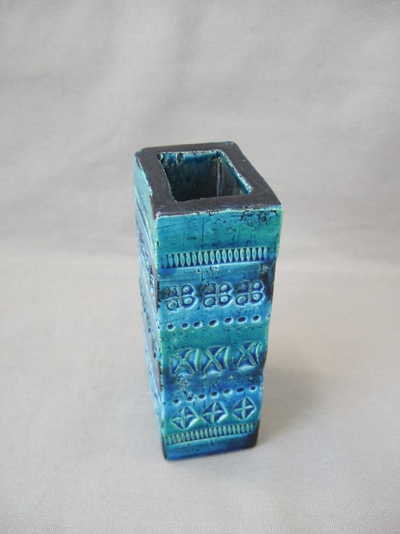 Kleine Vase Bitossi Aldo Londi Rimini Blue Keramik blau grün türkis rechteckig eckig Vintage 718/15