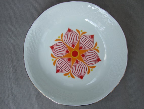 Assiette Bol Schumann Arzberg Porcelaine Rouge Orange Blanc Vintage Mid  Century -  France