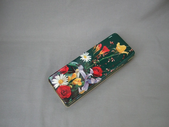 Tin Can Bahlsen 70050 Photo Flowers Green Yellow Red Vintage