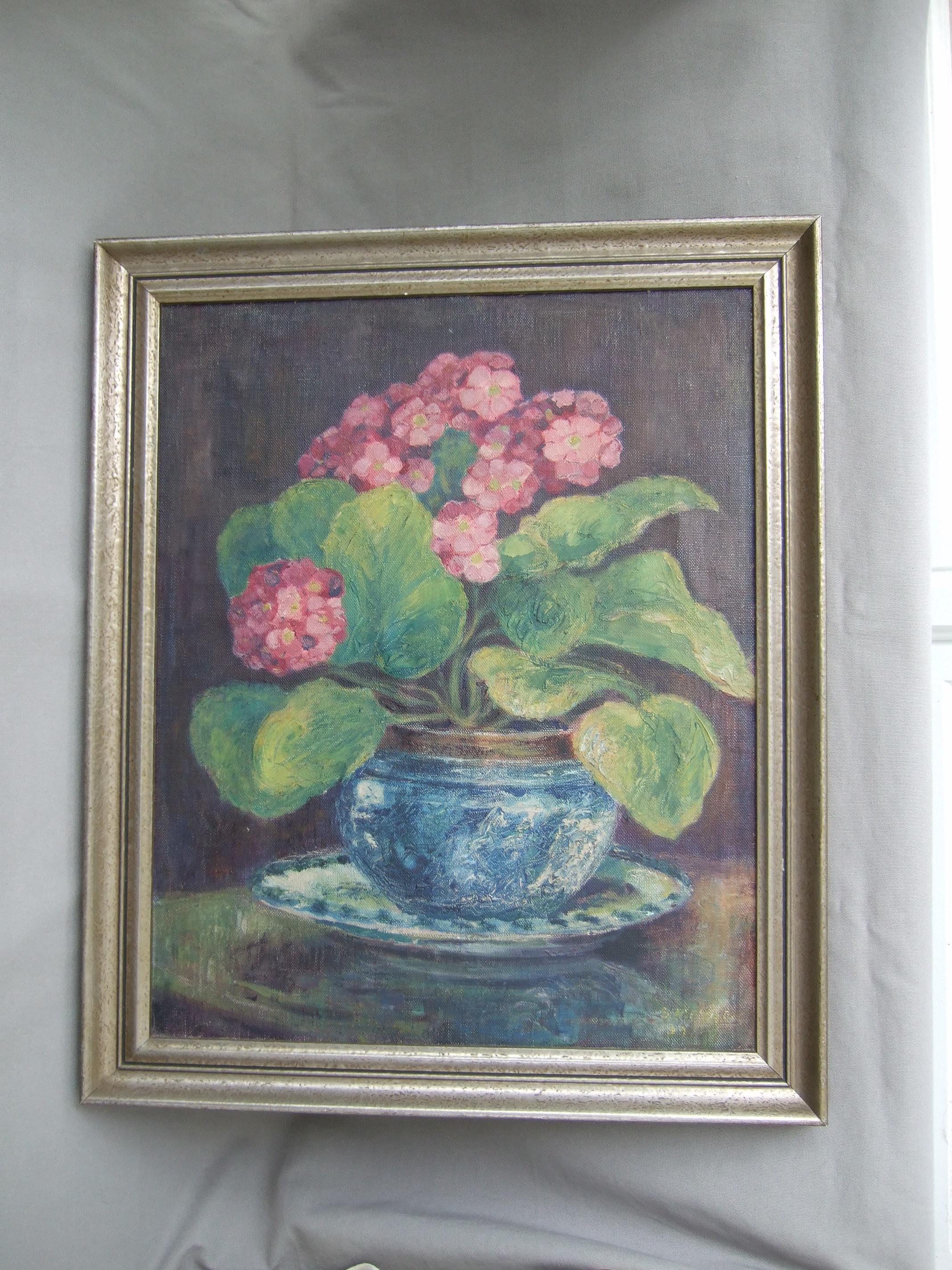 静物画 アジサイ 植木鉢 花 油絵 アンティーク ヴィンテージ 花 静物