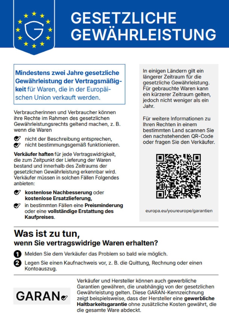 Op de afbeelding: Een informatief document met de titel GESETZLICHE GEW&Auml;HRLEISTUNG en een blauwe koptekst met een schildpictogram en sterren. Het beschrijft consumentenrechten in de EU, bevat een QR-code en instructies voor het afhandelen van niet-conforme goederen.