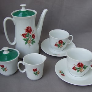 Mini coffee service tableware roses Bavaria Creidlitz Mid Century service cup jug sugar bowl milk jug white vintage