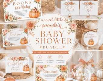 May include: A baby shower bundle featuring printable signs and tags with pumpkin and floral illustrations. Includes text for books for baby, food dish, thank you, registry, and diaper raffle. The design uses orange and cream tones throughout.