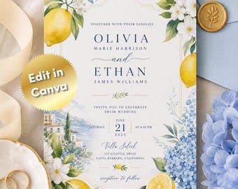 Peut inclure: Faire-part de mariage avec des citrons à l'aquarelle, des fleurs blanches et des accents bleus. L'invitation comprend les noms Olivia et Ethan, la date du 21 juin 2025 et le lieu Villa Soleil à Santa Barbara, Californie. Texte: "Edit in Canva."