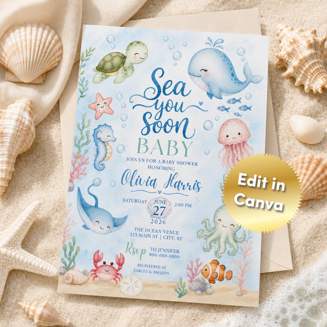 Sea You Soon Baby Shower Invitation Editable Canva Template ...