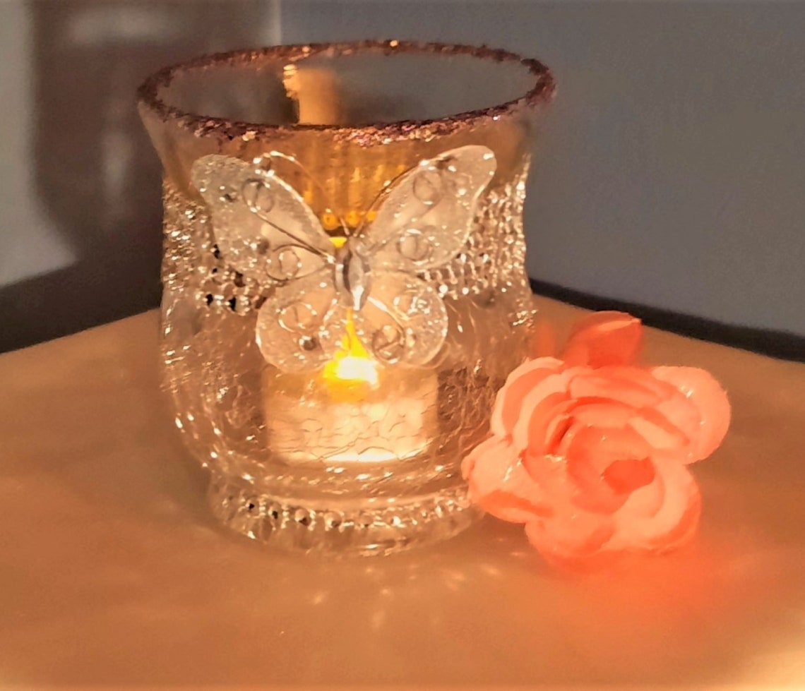 Silver Butterfly Crackle Glass Candle Holder/Butterfly Etsy