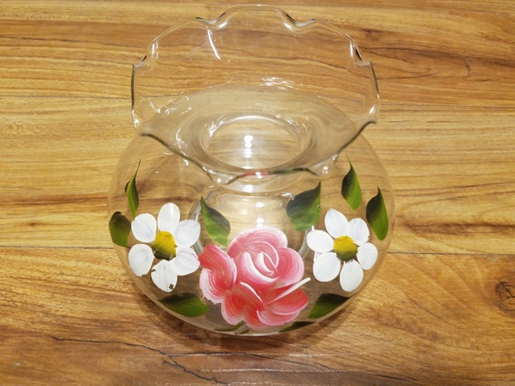 Vintage Hand Painted Glass Vase Flower Vase Floral Design Etsy