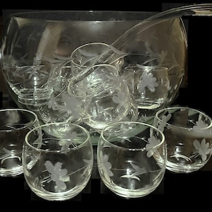 Vintage West Virginia Etched Glass Punch Bowl Set: Stemless Cups & Ladle