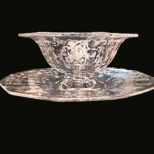 Vintage Fostoria Etched Glass Crystal Mayonnaise Bowl with Underplate/Serving Dining Bowl/Fostoria Navarre/baroque/Glassware/Elegant Glass