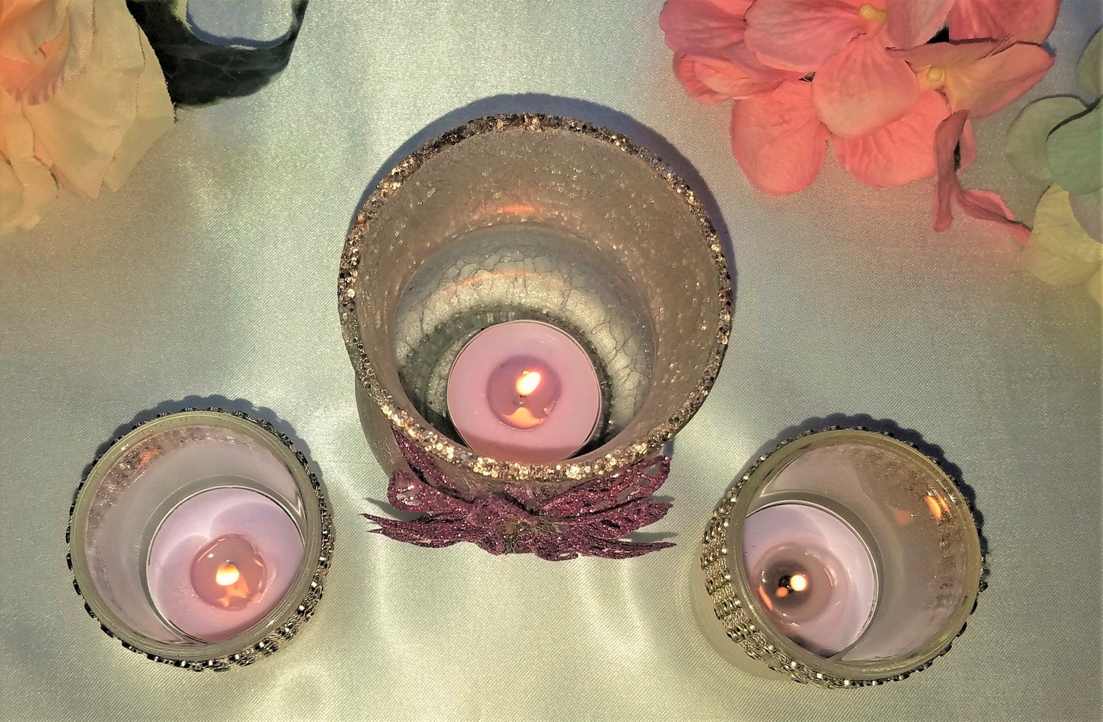 3 Pc Set Gold Rhinestone Candle Holder Centerpiece Flower Etsy