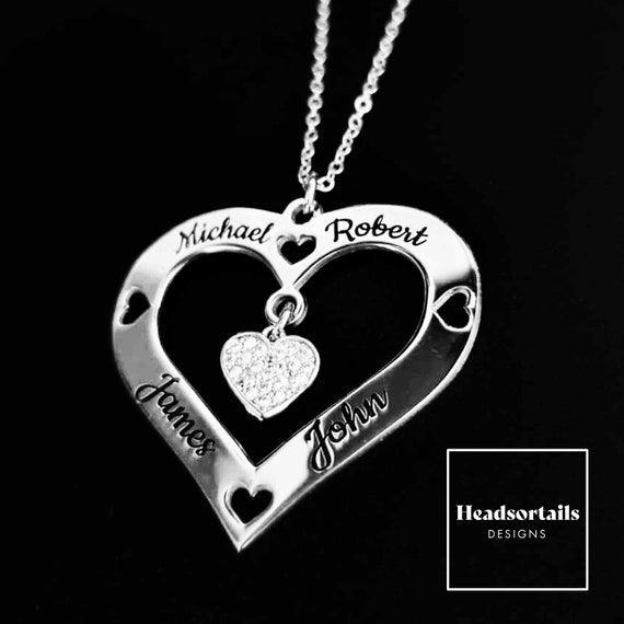 Personalized 4 Names Heart Necklace With Zircons Heart Family Etsy