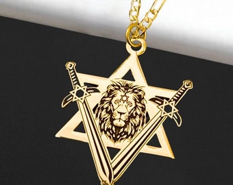 Collier Lion de Juda avec étoile de David. Pendentif Lion de Juda. collier d'épées de fer. Pendentif lion et étoile de David. Collier israélites